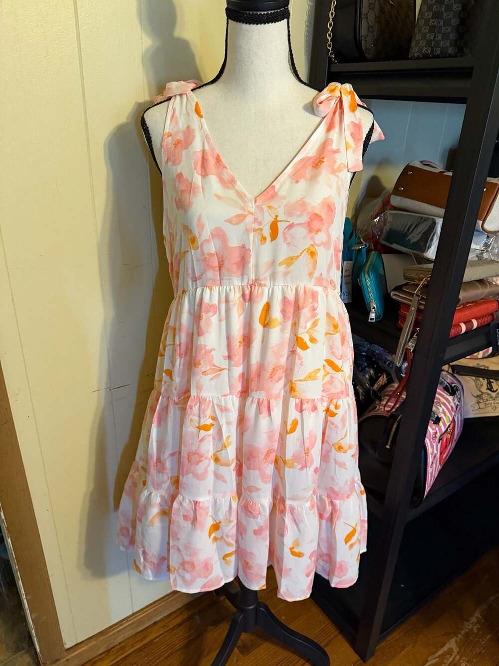 Emily Wonder Sleeveless Floral Print Tiered Mini Dress with Tie Shoulders